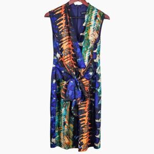 Ellen Tracy Wrap Dress 12 Blue Orange Maximalist Bold Statement Power